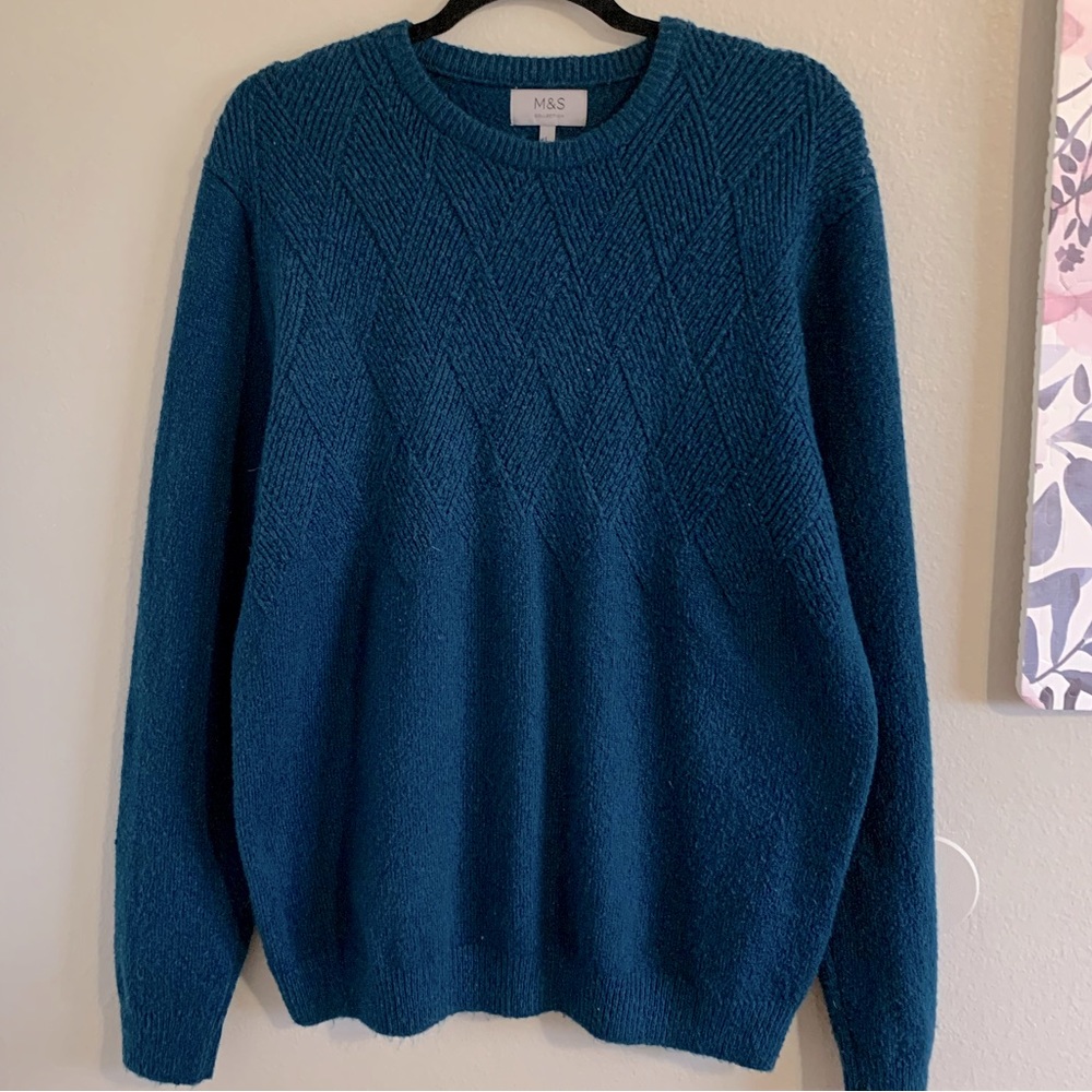 M&S Collection Teal argyle Men’s sweater knitted sweater size Large warm